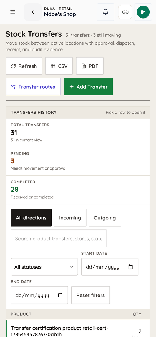 Stock transfers on a phone: 31 in view, 3 pending approval, 28 completed.