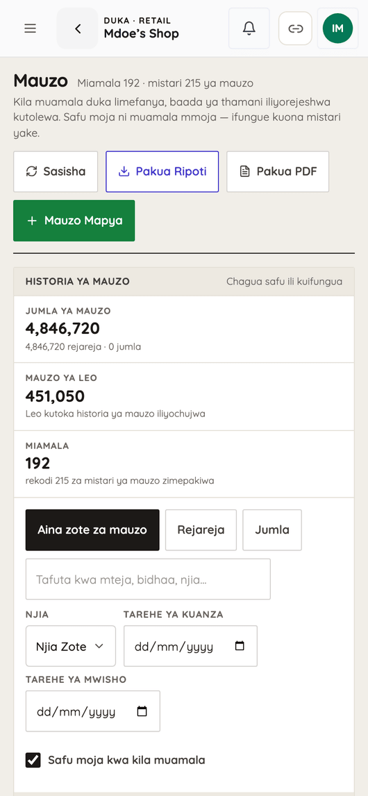Mauzo kwenye simu: miamala 192, TSh 4,846,720 imechukuliwa jumla na 451,050 leo.