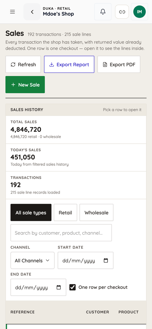 Sales on a phone: 192 transactions, TSh 4,846,720 taken in total and 451,050 today.